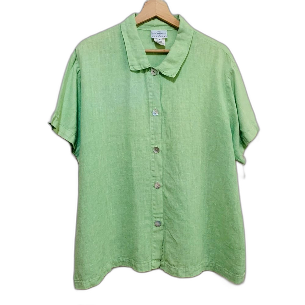 Hot Cotton by Marc Ware Green Linen button front shirt sleeve Top size large